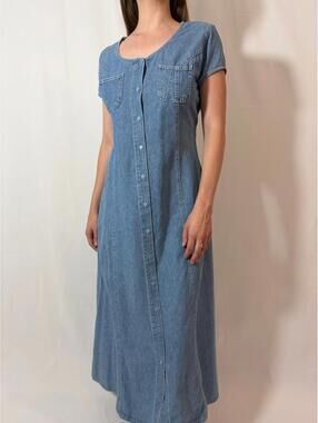 Vintage Rafaela Cotton Denim Short Sleeve Prairie Maxi Dress